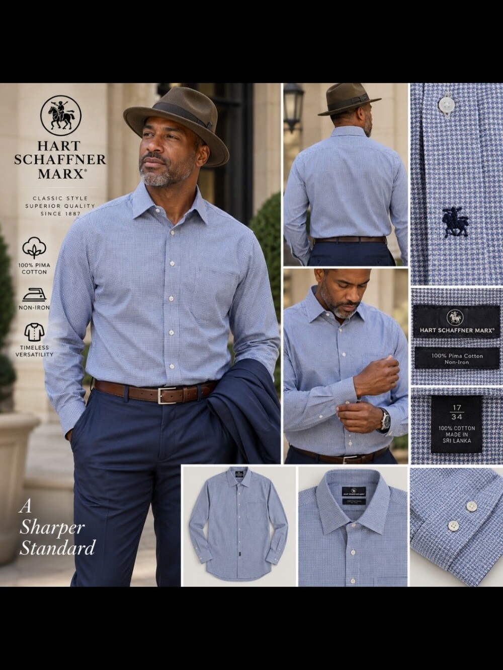 Hart Schaffner Marx 17/34 Pima Cotton Non-Iron Dress Shirt Blue HoundstoothPerfe